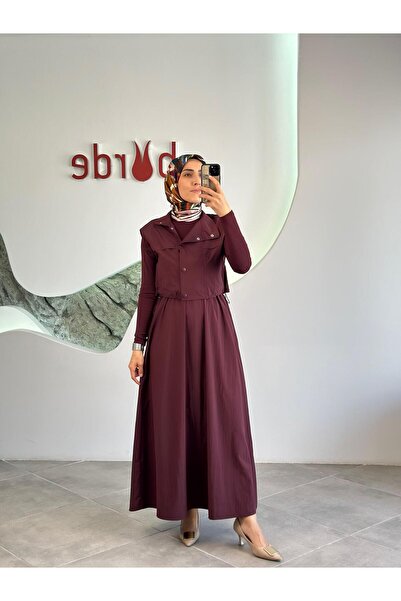 İkoll Bordo Renk Paraşüt Kumaş Elbise Yelek İkili Takım