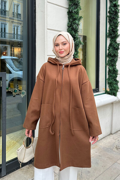 LOCCO Kadın Kapüşonlu Fermuarlı Ara Boy Kaşe Taba