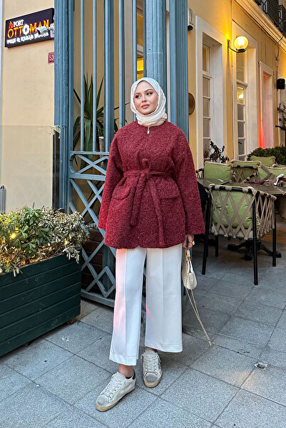 LOCCO Γυναικείο μπουφάν με κρυφό φερμουάρ και λεπτομέρεια με κορδόνι στη μέση, μπορντό