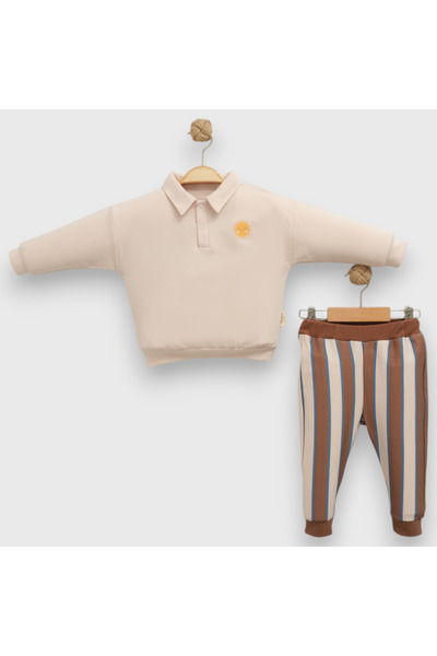 BİSCOİ Babybiscoi Polo Collar Sun Printed Baby Boy Set with Elastic Waist and Snap Fasteners on the Collar