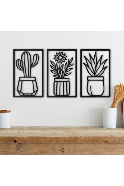 HippoDeco 3’lü Kaktüs MDF Duvar Dekoru Seti | Modern Siyah Metal Görünümlü Bitki Tablo