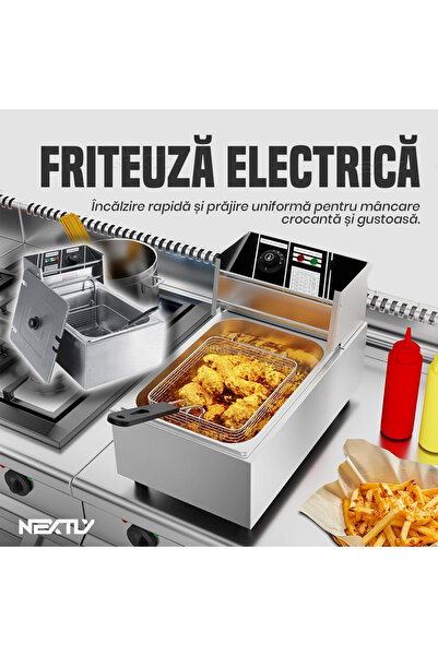 NEXTLY Friteuză electrică profesională din oțel inoxidabil, capacitate 6 l, 2500 W, finisaj argintiu