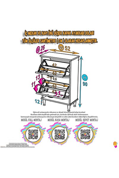 Modilayn UMAY Kapı Önü 52x90x25, 5 cm’ lik 2 Düşer Kapak 4 Göz Bölmeli Ayakkabılık