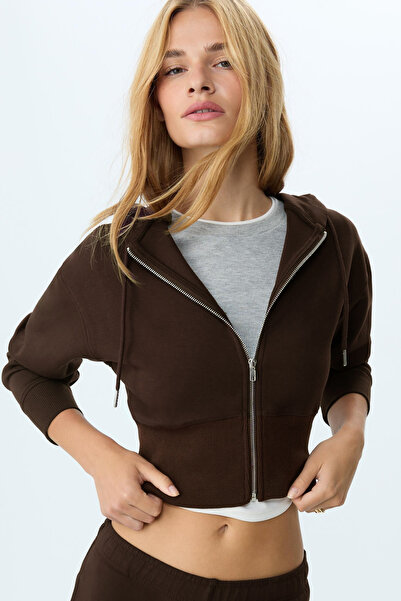 VODENS Women's Brown Hooded Zipper Sweatshirt