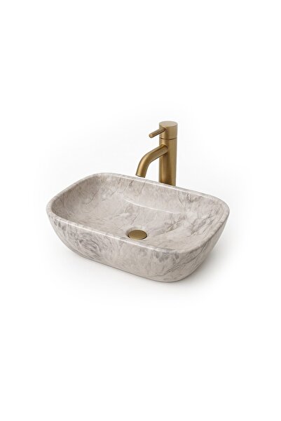 NEXTLY Luxurious Gray Marble Countertop Basin with Gold Highlights, 36x25x12.5cm
