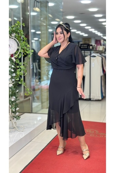 live forever Büyük Beden Kruvaze Yaka Kısa Kollu Asimetrik Kesim Şifon Abiye ...