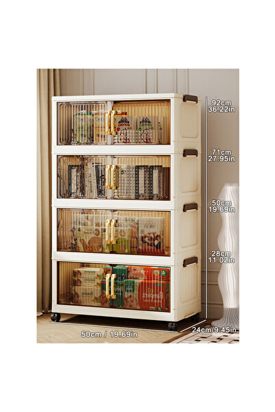Generic 4-Tier Foldable Plastic Storage Cabinet, 50cm with Handle, Double Doors & Wheels