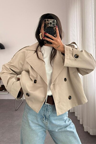 codudem Taş rengi crop kısa model premium kaliteli trençkot