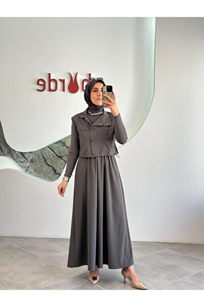 İkoll Haki Renk Paraşüt Kumaş Elbise Yelek İkili Takım