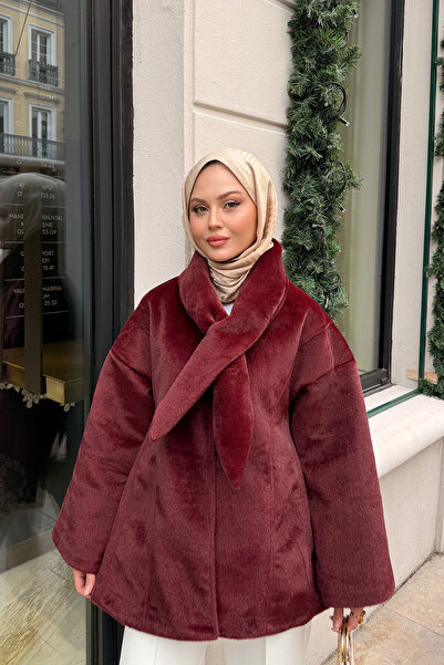 LOCCO Women's Plush Detail Shawl Jacket Burgundy