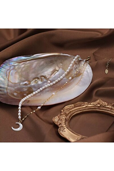 delis Αλυσίδα από ασήμι 925, JW1722, σχέδιο ημισέληνου και μαργαριταριού, επιχρυσωμένη