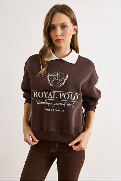 Olalook Kadın Kahverengi Polo Yaka Nakışlı Şardonlu Sweatshirt SWT-19000773