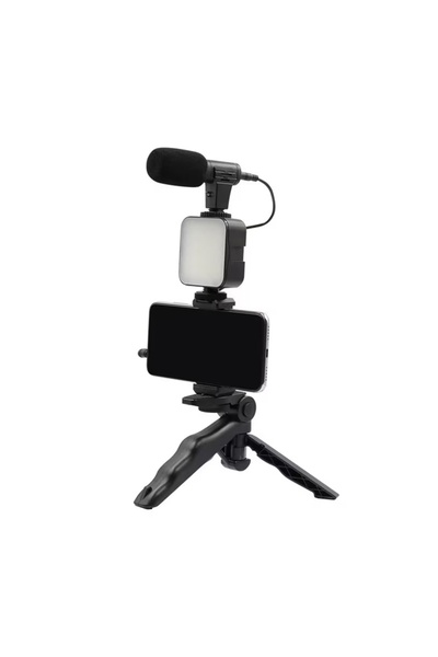 NEXTLY Kit Vlogging: Set Pro Portabil cu Microfon, Lumină LED, Suport Telefon și Trepied - Negru