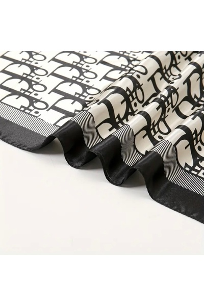 Accessories Eșarfă elegantă cu aspect de mătase, cu model alb-negru, accesoriu pentru femei, 90x90cm