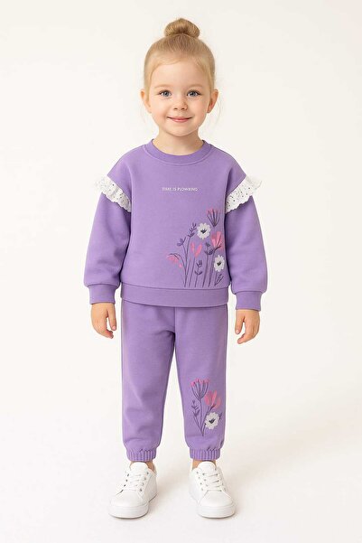 gigigiyim Floral Embroidered Girls' Suit with Lace Detail on the Sleeves