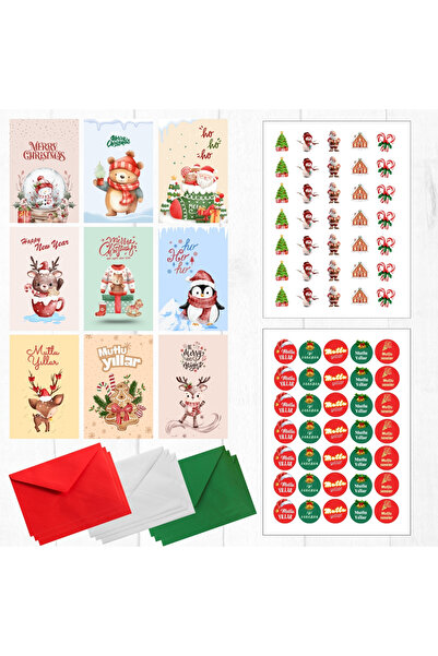 Bimotif 20-Piece Christmas Postcard, Envelope, and Sticker Set (9 Postcards, 9 Envelopes, 2 Sheets of Stickers)