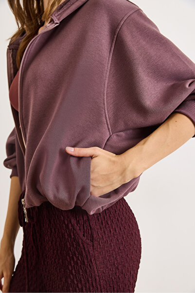 Olalook Kadın Mürdüm Sırtı Baskılı Gizli Cepli Trend Şardonsuz Kalın Sweatshirt SWT-19000770