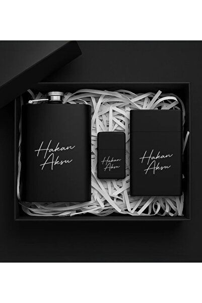 Bk Gift Kişiye Özel İsimli Çelik İçki Matası & Sigara Kutusu & Çakmak Hediye ...