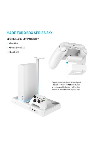 FIXED Βάση Xbox FIXXB-MCS-BK, Υποστήριξη κονσόλας σειράς X/S, Φόρτιση 2 χειριστηρίων, LED RGB, USB, Λευκό