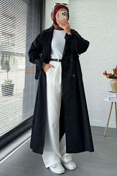 MELEK ARAZ Premium Kapaklı Oversize Kadın Trençkot – Siyah