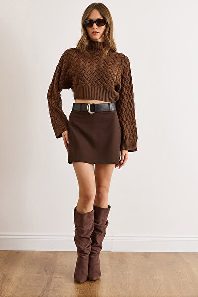 Olalook Kadın Kahverengi Kemer Detaylı Şortlu Mini Etek ETK-19000364