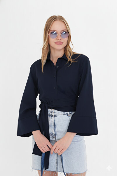 THIFF GYMWEAR Жіноча синя сорочка з широкими манжетами, деталями на рукавах і зав'язкою спереду, поплін