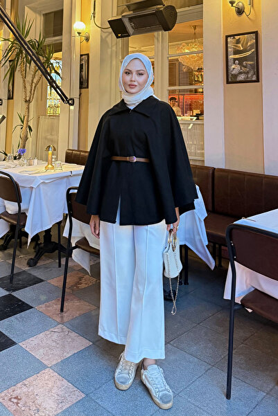 LOCCO Women's Belt Detailed Poncho Black