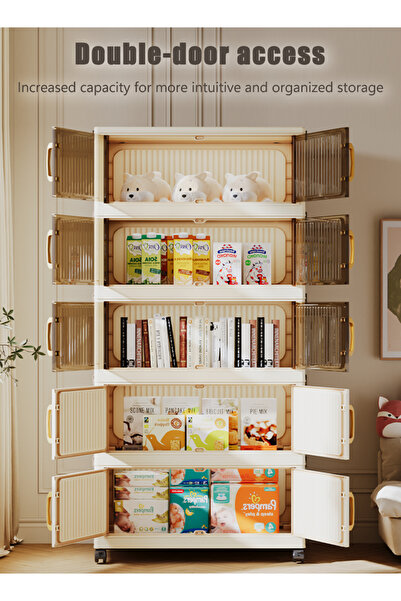 Generic 6-Tier Foldable Plastic Storage Cabinet with Handles, Magnetic Double Doors and Wheels, 60cm Wide