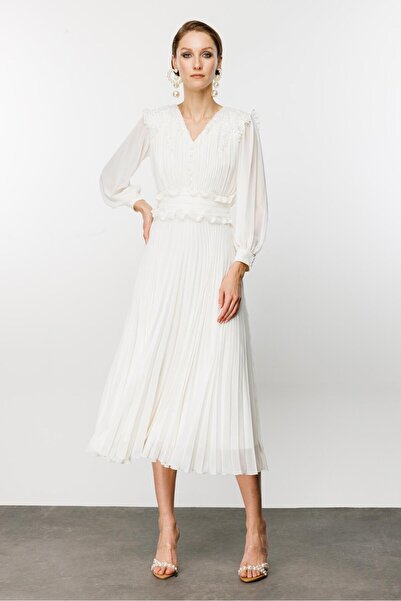 Nefeli İşleme Detay Elbise EKRU