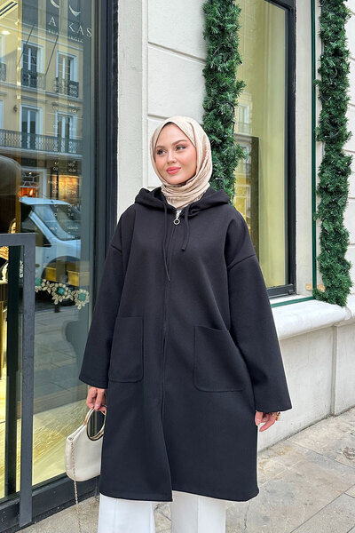 LOCCO Women's Hooded Zippered Medium Length Cashmere Black