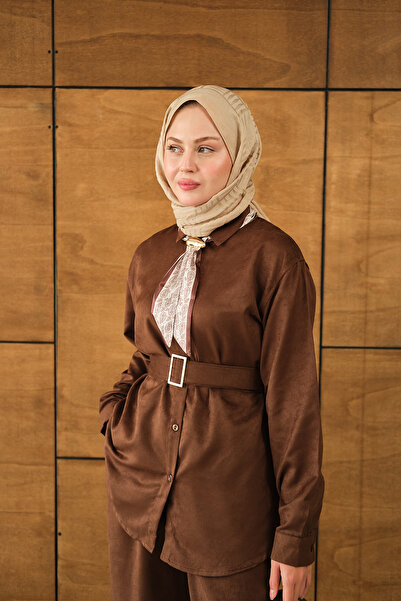 LOCCO Γυναικείο Σετ Φουλάρι και Πουκάμισο Καφέ