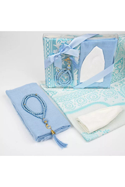 Hayrat Neşriyat Seccade + Scarf + Skullcap + Prayer Beads Gift Set (Acetate Boxed, Blue)