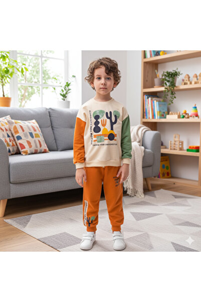 Asyaden Baby Boy Child Baby Boy Cactus Patterned 2-5 Years Old Long Sleeve 2-Piece Boy Bottom and Top Set