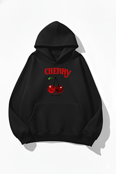 uyguntarz Unisex Soft Textured 3 Thread Happy Cherry Design B Printed O Oversized Sweatshirt