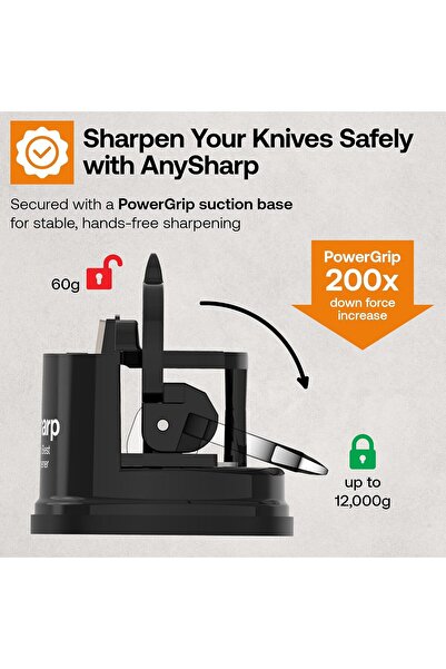 AnySharp Knife Sharpener with PowerGrip Suction, Handsfree, Black