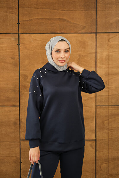 LOCCO Kadın Omuz Taş Detay Kapüşonlu Takım Lacivert