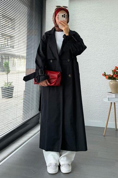 MELEK ARAZ Premium Kapaklı Oversize Kadın Trençkot – Siyah