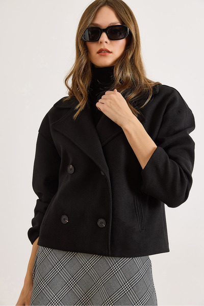 Olalook Palton scurt din piele intoarsa cu decolteu petrecut în V buzunare, cu captuseala neagra, pentru femei KBN-19000015