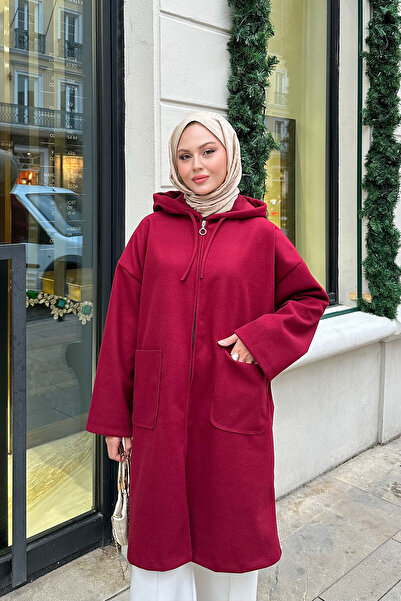 LOCCO Women's Hooded Zippered Medium Length Cashmere Burgundy