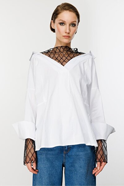 Nefeli Tül Brode Detay Gömlek BEYAZ