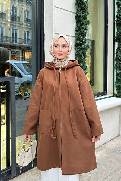 LOCCO Kadın Kapüşonlu Fermuarlı Ara Boy Kaşe Taba