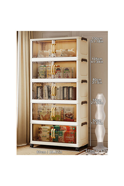 Generic 5-Tier Foldable Storage Cabinet with Handle, Double Doors & Wheels, 60cm Wide