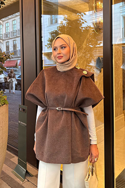 LOCCO Дамска шалчеста жилетка с колан, кафява