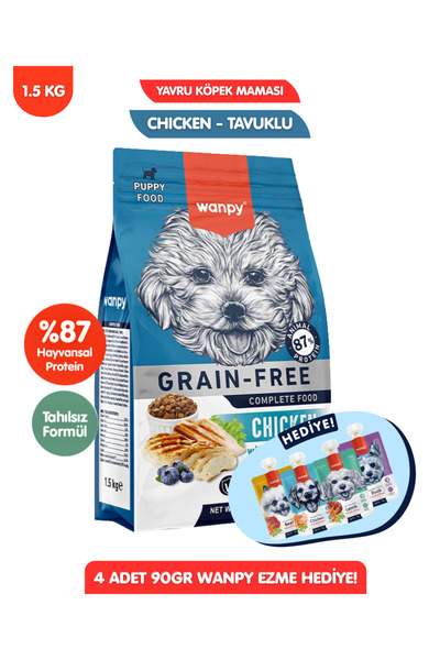 Wanpy HEDİYELİ Tahılsız Tavuklu Yavru Köpek Maması 1,5 kg + 4lü Yaş Mama 90GR...