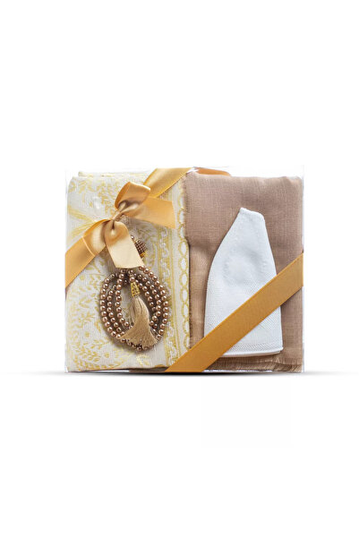 Hayrat Neşriyat Seccade + Scarf + Skullcap + Prayer Beads Gift Set (Acetate Boxed, Gold)