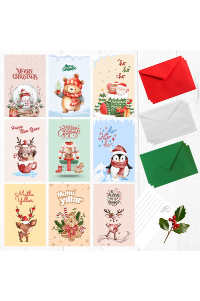 Bimotif 18-Piece Christmas Postcard and Envelope Set (9 Postcards and 3 Each of White, Red, and Green Envelopes)
