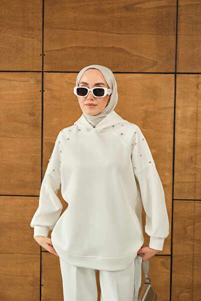 LOCCO Women's Shoulder Stone Detail Hooded Set White