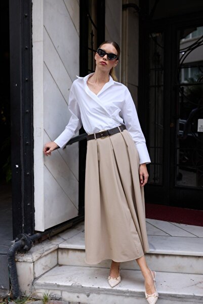 ossons Long Flared Skirt with Belt Detail