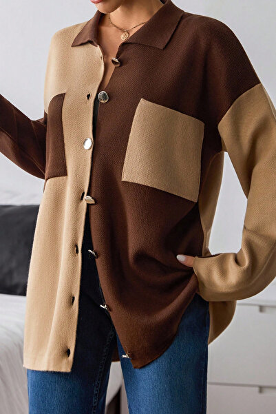 Cemre Life Women's Brown Beige Color Block Buttoned Knitwear Cardigan