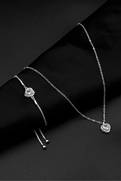The Collection Gümüş Zirkon Taşlı Kalp Charm Model Kadın Kolye ve Bileklik Seti